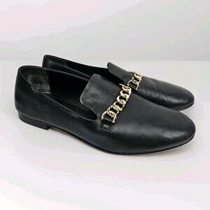 Via Spiga Women’s Leather Loafers Yania Size 7.5 M Black Gold Chain Link